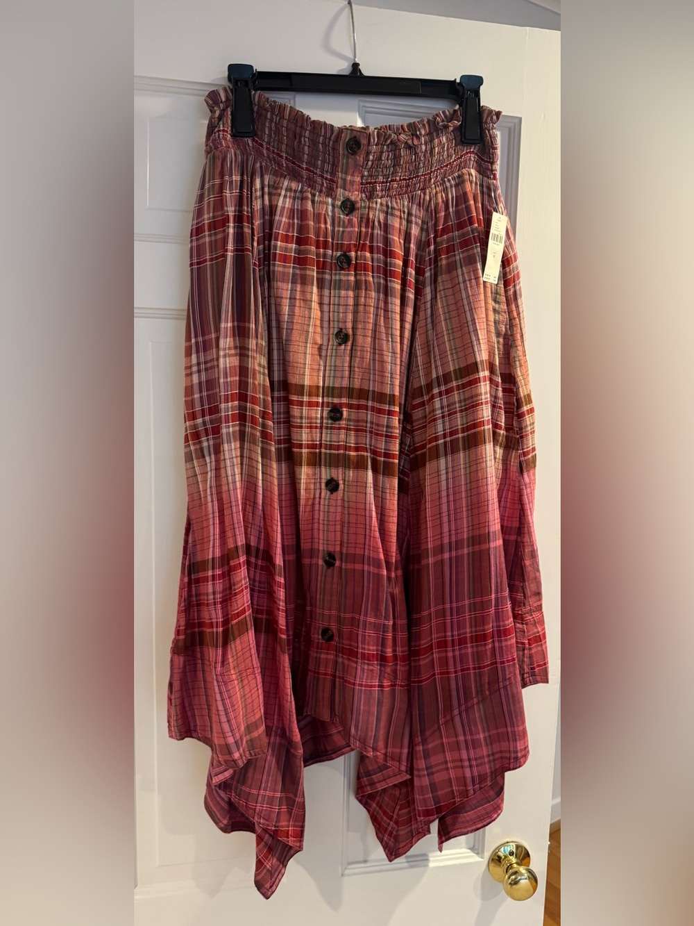 Anthropologie Plaid Button-Front Handkerchief Hem Skirt in Burgundy and Pink